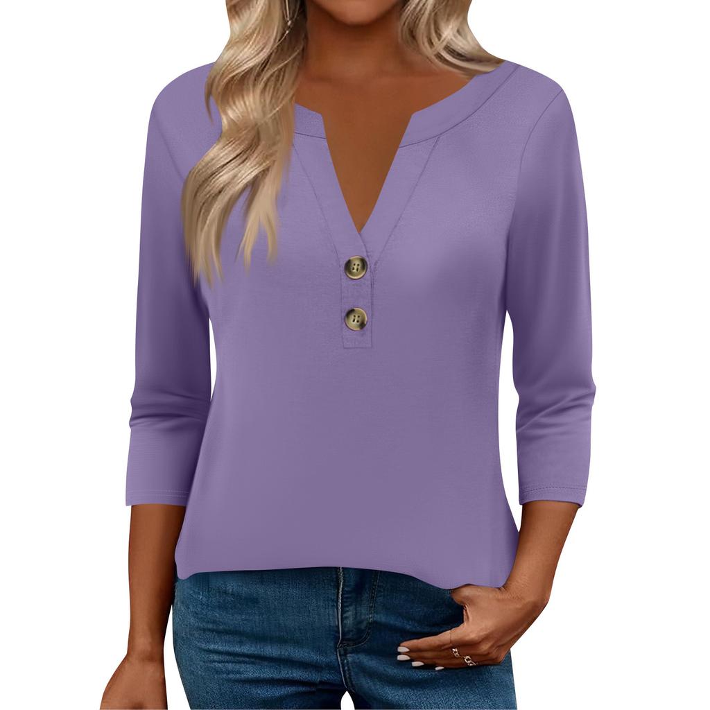 Damskie bluzki z rękawem 3/4 dla kobiet Bluzki Henely Guzik Dekolt V Luźny krój Eleganckie Damskie Letnie bluzki