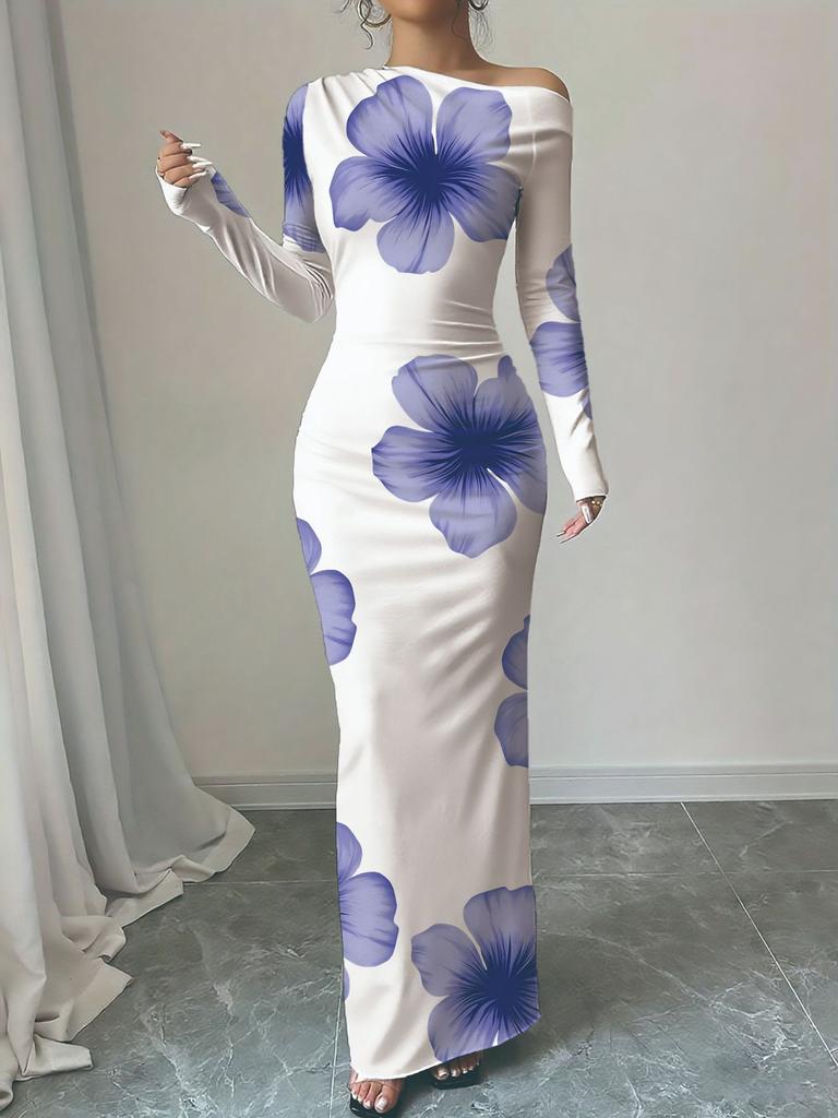 Off-Shoulder Maxi Dress with Asymmetric Neckline and Floral Print, Available in Multiple Colors
