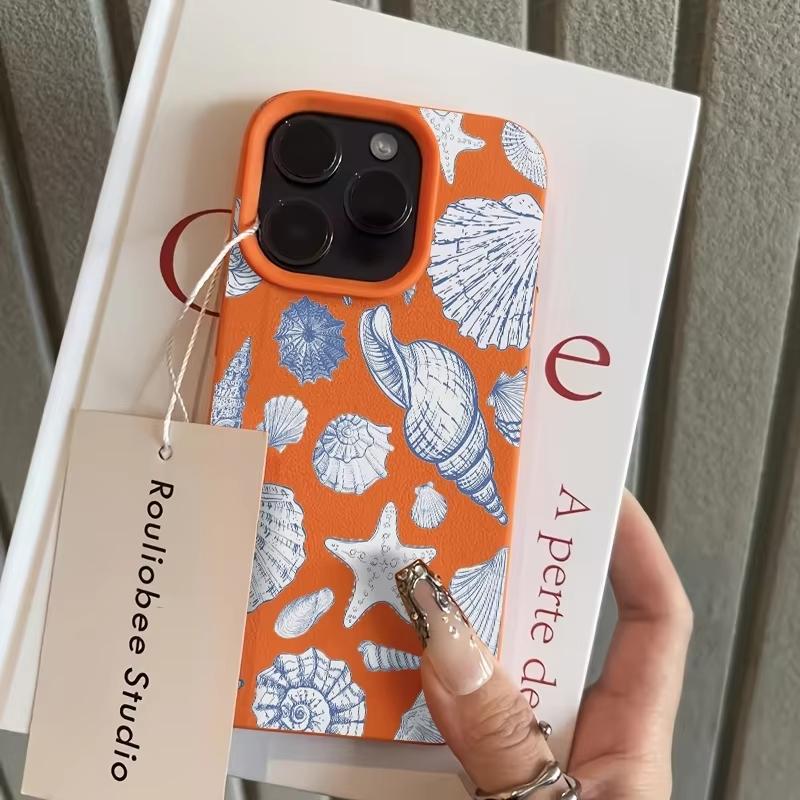 

Summer Blue Seashell Conch Starfish Phone Case For iPhone 17 Pro Max 16 Plus 15 Pro 14 13 12 11 17Air Lychee Textur Soft Cover iPhone XS Max помаранчевий