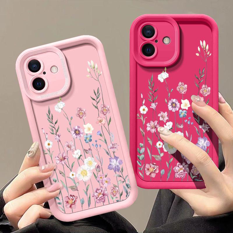 Pentru iPhone 16 Pro 15 14 Plus 13 12 Pro Max 11 Xs Xr 8 7 Roz Motiv Floral Rezistent la șocuri Moale TPU Protecție lentile Husă pentru telefon anti-cădere