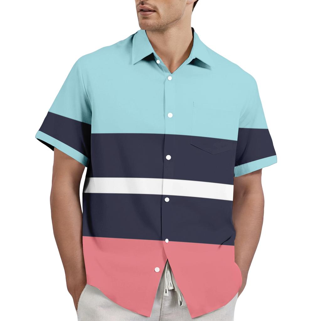 Men's casual stylish striped texture printed shirt - Men's lapel short-sleeved button-up shirt