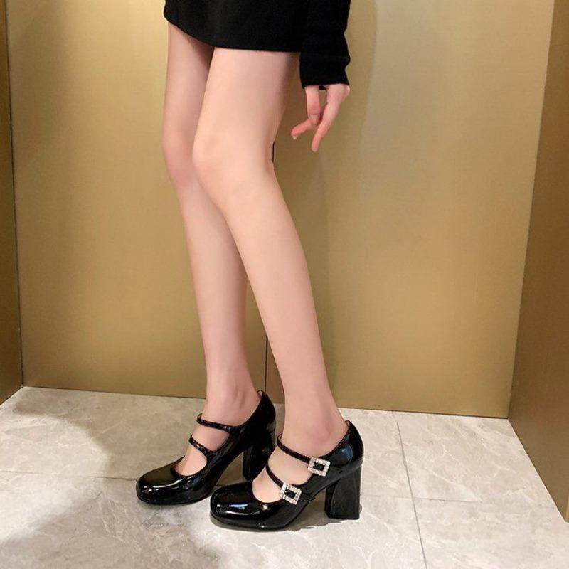 Patent Leather Crystal Women Mary Jane Shoes Fashion Shallow Buckle Strap Shoes Vintage Spring Autumn Stripper Party Shoes
