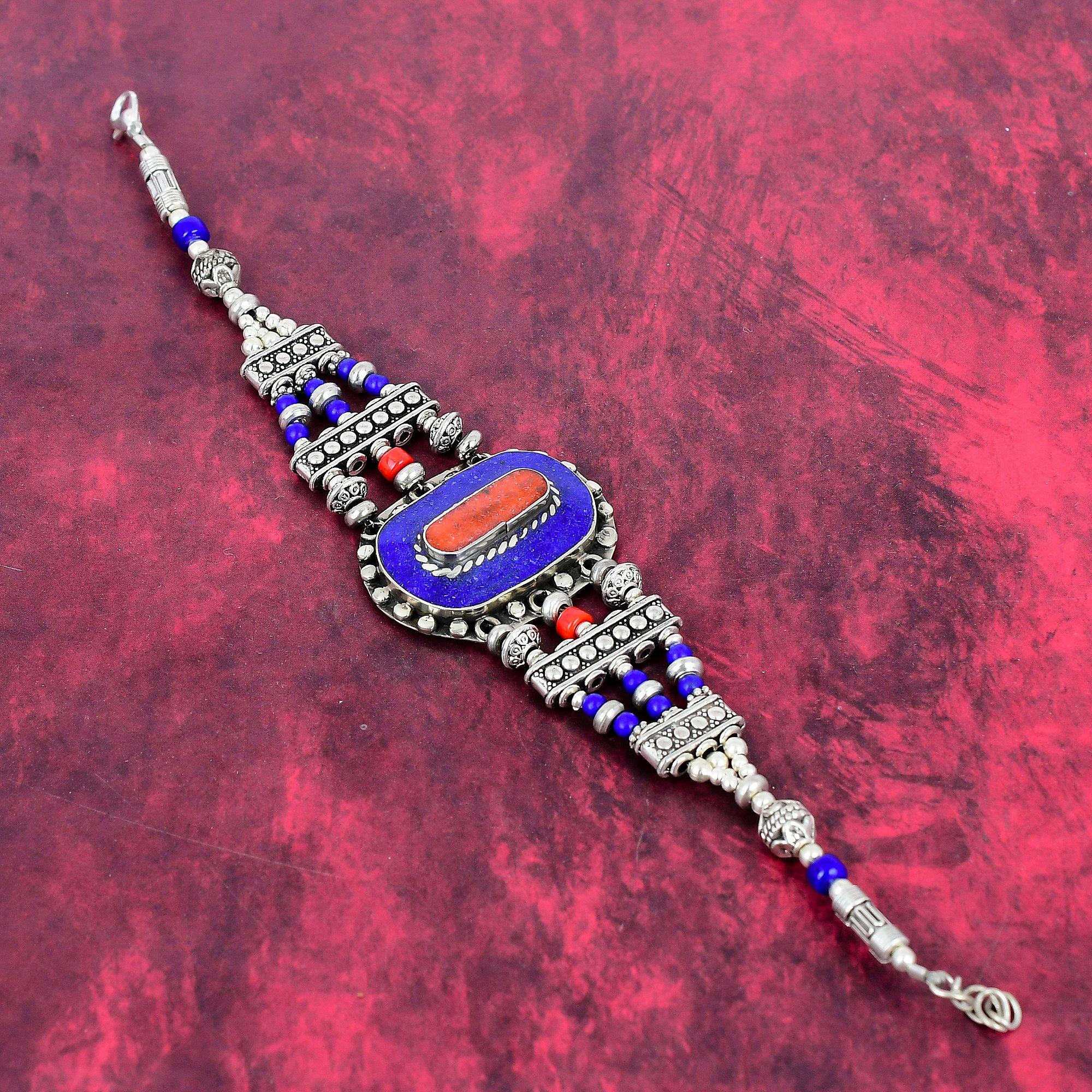 

Lapis Lazuli & Coral Handmade Gemstone Bracelet, 925 Solid Sterling Silver Antique Jewelry Bracelet, For Engagement Gift