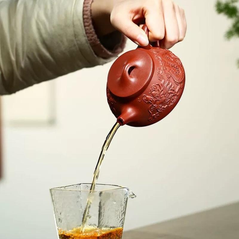 Embossed Dragon Teapot Yixing Handmade Purple Clay Pot Double Dragon Ceramic Teapot with Filter Hole