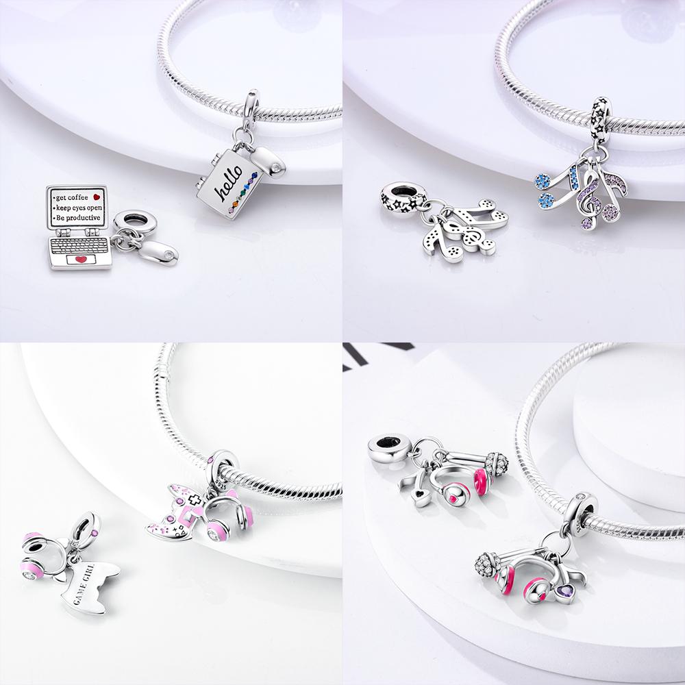 Original Copper Charms Pink Beads Smart Watch Bike Car Travel Dangle Fit Bangle Bracelet Diy Jewelry For Woman Fine Gift