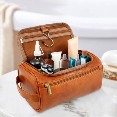 Leren Toilettas Draagbare Dubbellaagse Toilettas voor Mannen en Vrouwen Reis Cosmetische Tas Waterdichte Was Opbergtas