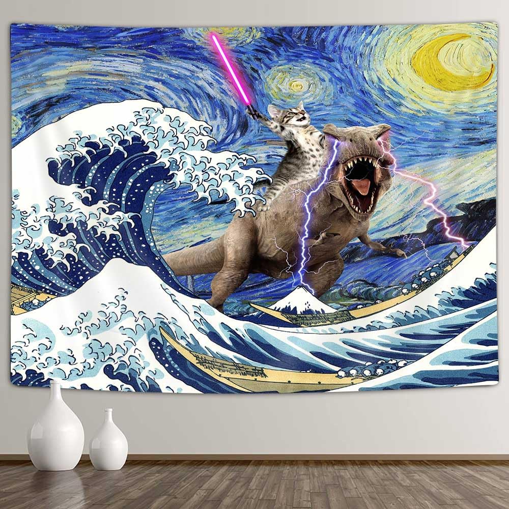 Cool Cat Riding Dinosaur on Fantasy Galaxy SpaceCute Hilarious Outer Universe Anime Tapestry for Bedroom Living Room Dorm 74x94cm(29x37in)