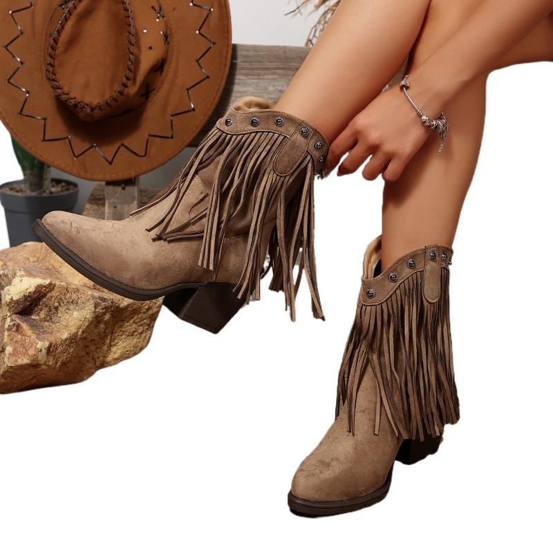 Tassel Ankle Slip-on Modern Boots Square Heel Mid Heel Ladies Shoes on Sale 2025 Fashion Pointed Toe Sewing Women's Boots