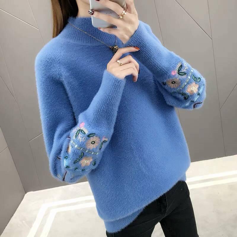 Autumn Winter Woman Sweaters Turtleneck Sweater Female Slim Pullover Jumper Flower Embroidery Knitted Sweater Fashion Casual Top