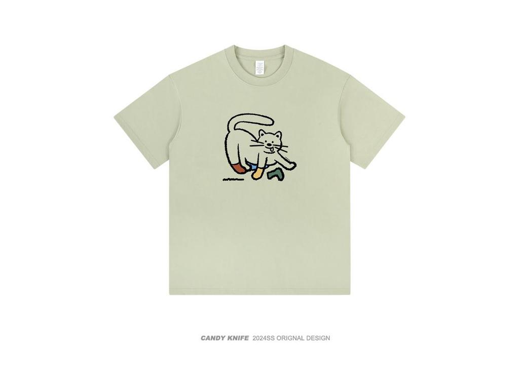 Damen T-Shirt mit japanischem Kätzchen-Print - Reine Baumwolle, Kurzarm, Niedlich und locker geschnitten mit Rundhalsausschnitt