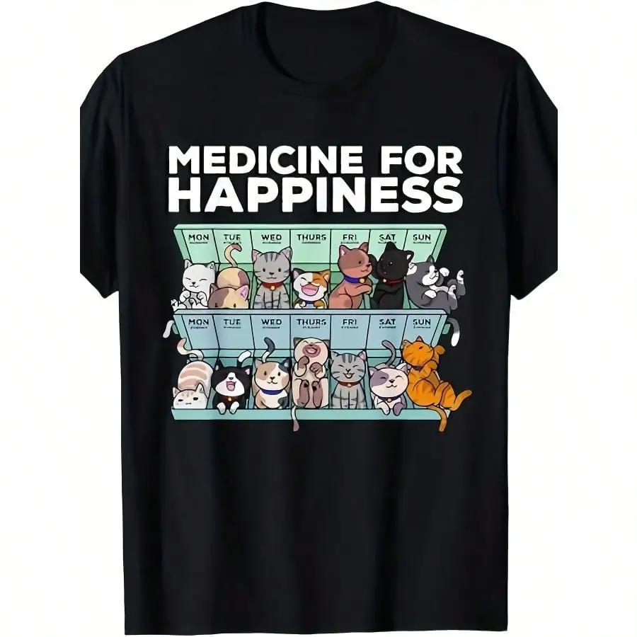 Mens Black Medicine for Happiness Cat Cartoon Graphic TShirt  Summer Casual Round Neck Tee with Applique Desige