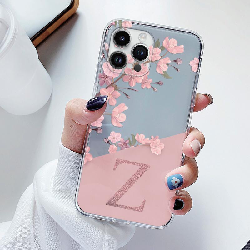 Flowers Letter Case For iphone 14 Pro Max 14 Plus Capa Clear Soft Silicone Covers For iphone 14+ Fundas Alphabet Transparent Bag