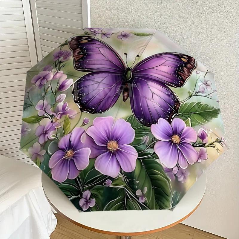 1PC Butterfly FlowersAutomatic Open/Close Umbrella with Windproof, 8-Rib Sturdy Canopy, Durable Ribs, Fashionable Design, Outdoor Accessory, Fun Prin,