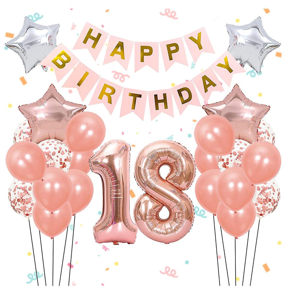 18-Year-Old Rose Gold Birthday Balloon Set, Large Birthday Fishtail Flag Balloon Star Latte Party Supplies