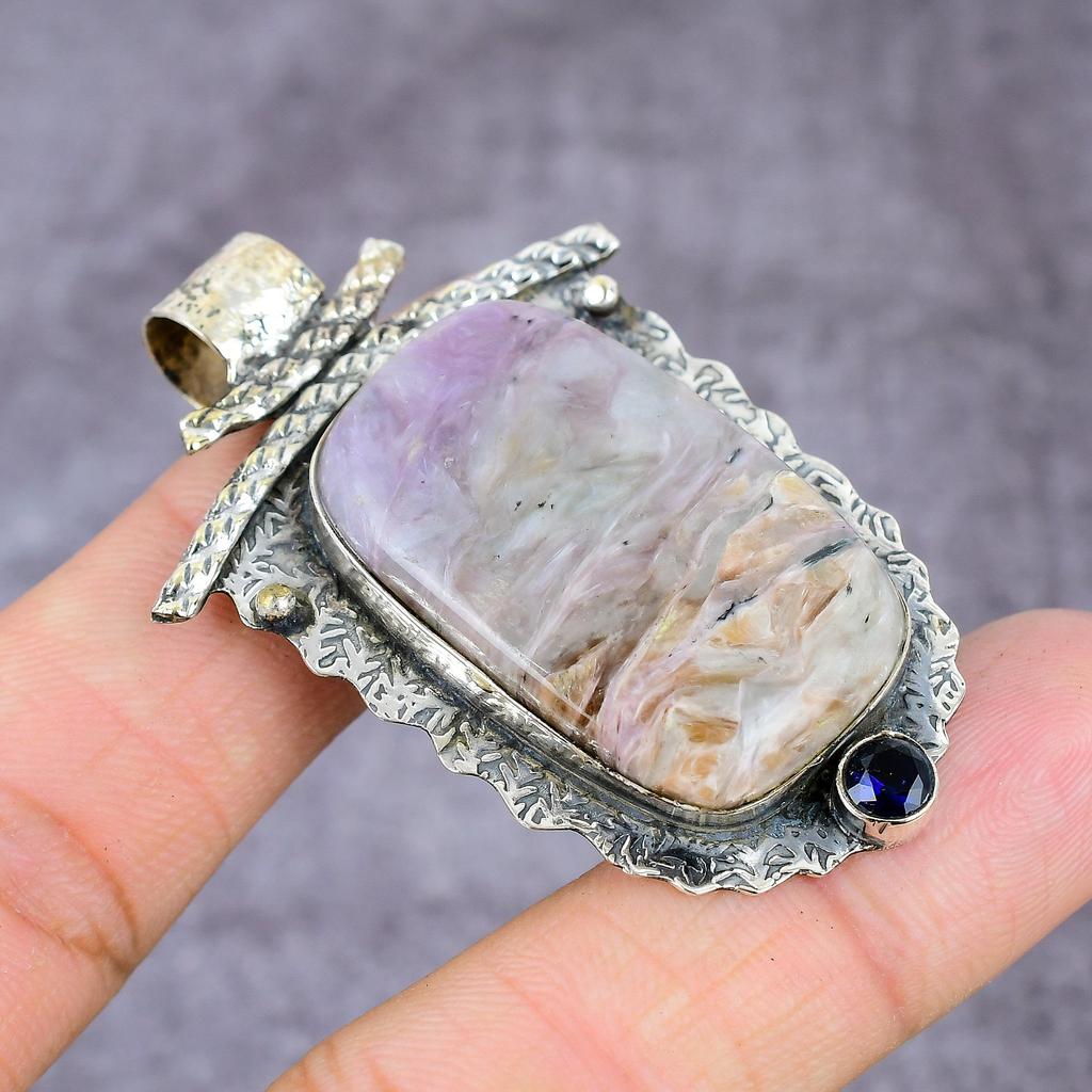 Natural Charoite, Blue Topaz Handmade 925 Sterling Silver Pendant 2.28" B5b72