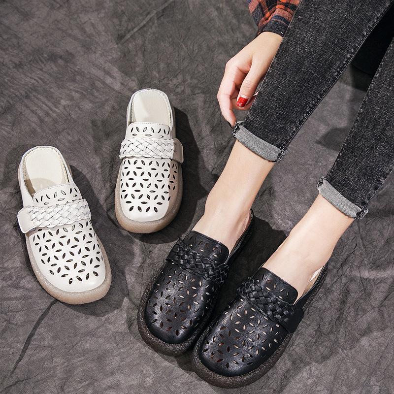 2025 summer new hole sandals first layer cowhide retro style soft sole comfortable middle-aged and elderly mother shoes half slippers