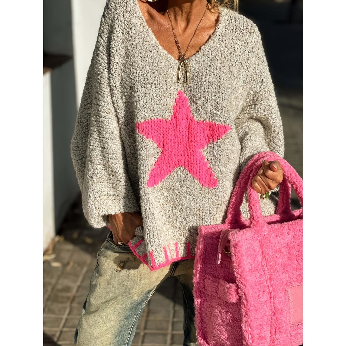 

Autumn New Women s Star Pattern Loose Casual V-neck Boucle Knit Sweater for Cross-border S серый