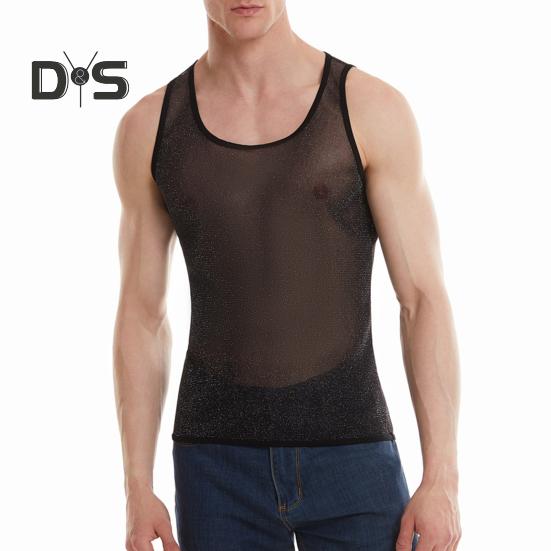 Herren Mesh-Tanktop, ärmellos, glitzernd, transparent, lässig, durchsichtig, Muskel-T-Shirt für den Alltag im Fitnessstudio