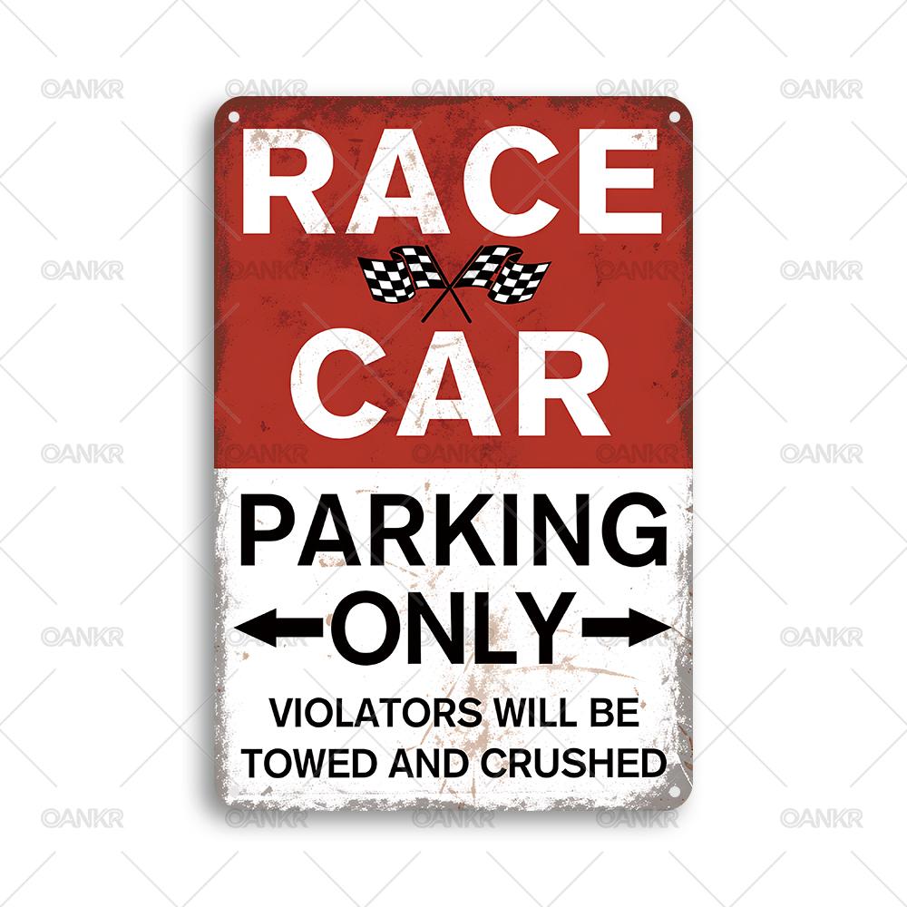 

Vintage Race Car Parking Only Metal Tin Sign Retro Violators Towed And Crushed Art Poster Metal Signs for Garage Farm Garden 20x30cm（7.8x11.8inch）