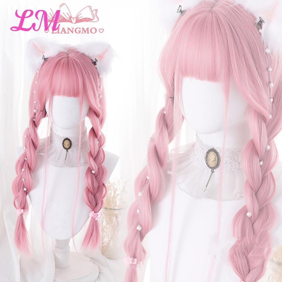 LM Cosplay-Perücke mit Pony, synthetisches glattes Haar, 61 cm lang, hitzebeständig, rosa Perücke für Frauen