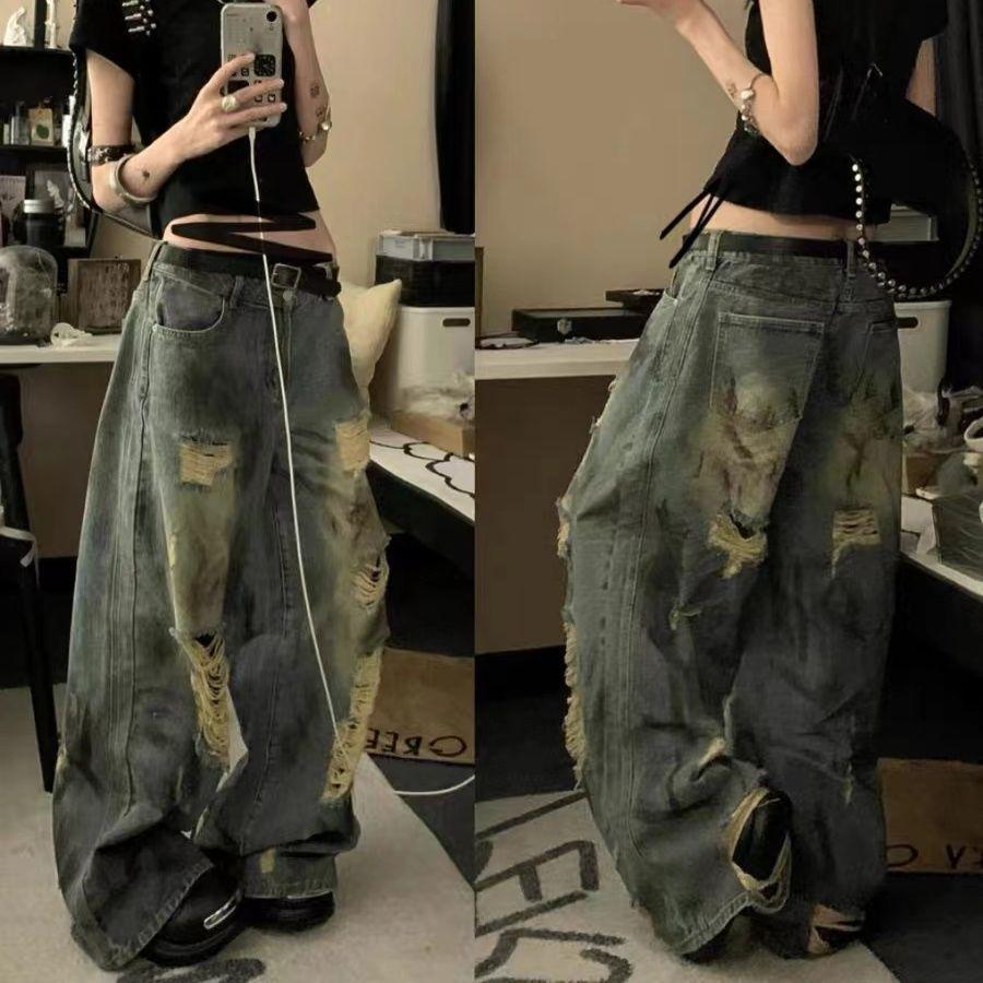 

Vintage American Ink Splash Distressed Ripped Wide-Leg Jeans for Women - Summer Trendy Loose Fit 4XL