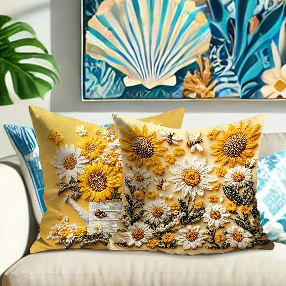 Floral Pillow Covers with Sunflowers, Daisies, Bees, and Butterflies Sofa Cushion Cover Home Room Decoration 2D Flat Printing