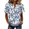 Women’s Vintage Floral Print Short Sleeve Cotton Linen Henley Button Front Shirt Casual Loose Fit Blouse Top for Summer