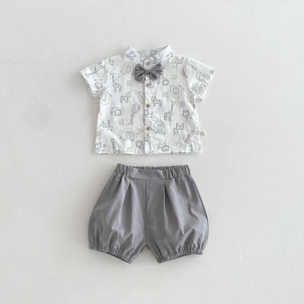 Korean Style Boys' Summer Suit: Formal 0-4 Years Short Sleeve Shirt, Shorts, & Bow Tie for Baby's First Birthday