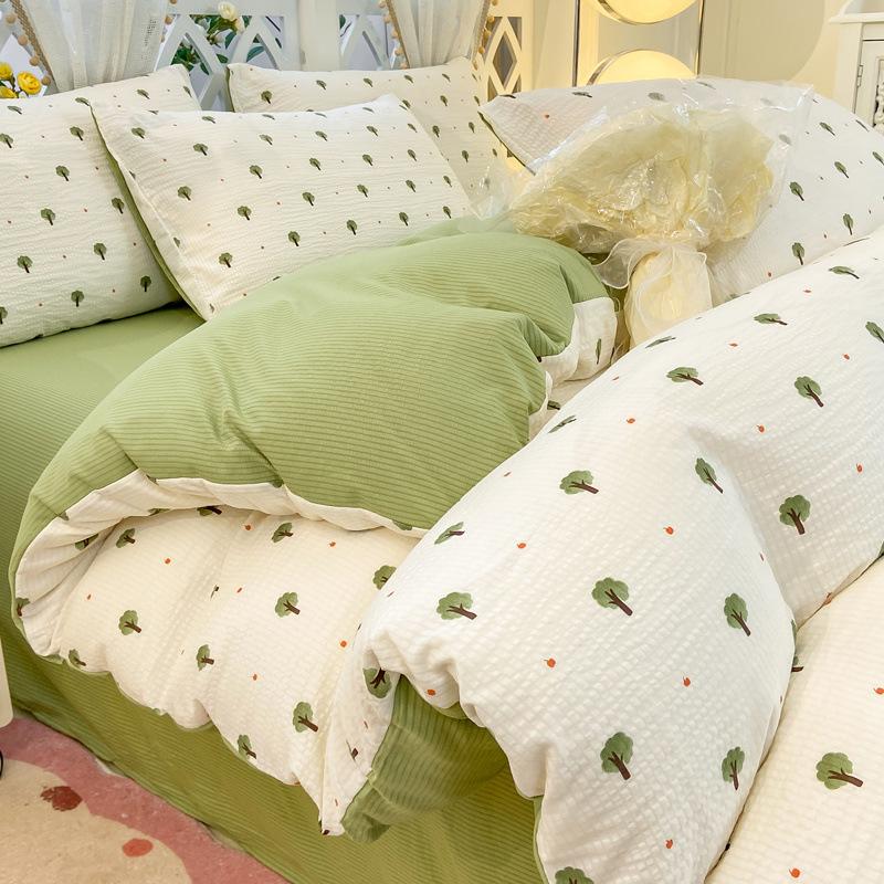 Class A Maternal Infant Grade Small Fresh Super Soft Bubble Cotton 4-Pcs Set Washed Cotton Quilt Cover Dormitory 3-Pcs Set Bed Hat