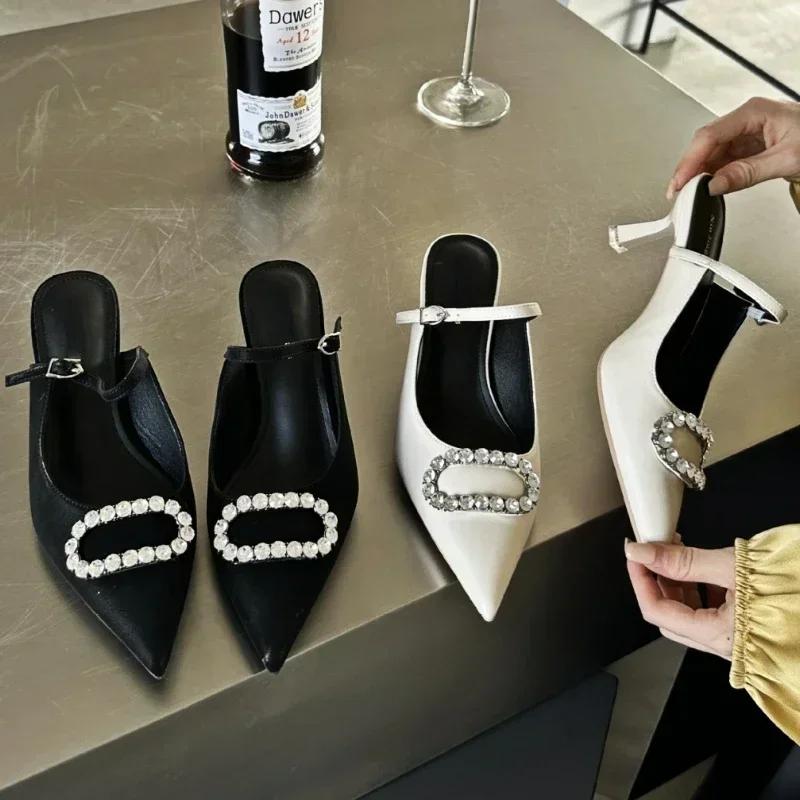 Fashion Luxury Rhinestone Buckle Mules Sandals Women Pointed Elegant High Heel Slingback Shoes Fashion Designer Slippers Female Pumps