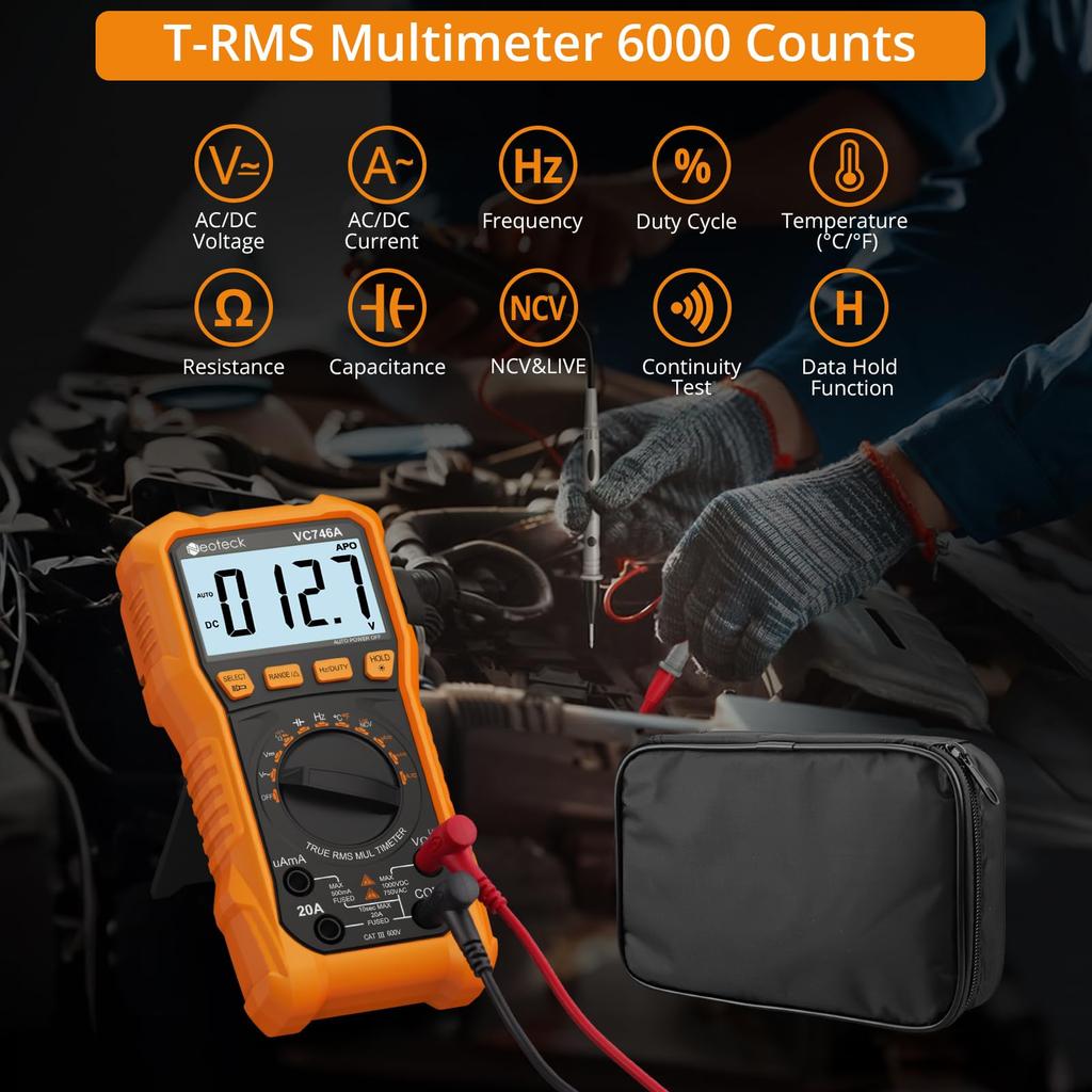 Neoteck 6000 Count TRMS Digital Multimeter Tester with AC/DC Voltage, AC/DC Current, Resistance, Capacitance, Frequency, Duty Cycle, Temperature, NCV