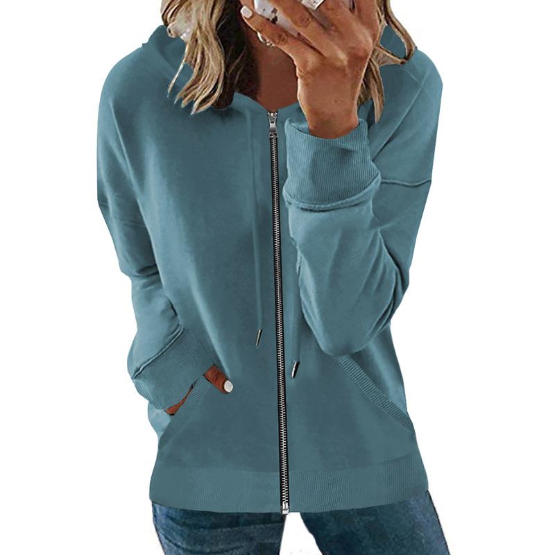 New European and American Autumn and Winter Zipper Cardigan Jacket Women's Casual Solid Color Loose Versatile Hooded Jacket Top