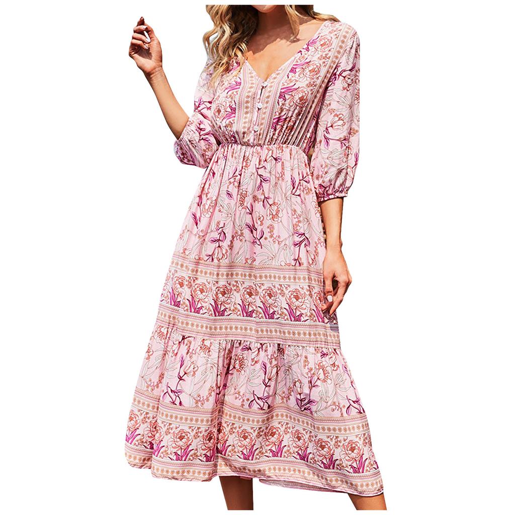 Damen Bedrucktes V-Ausschnitt Pullover Böhmisch Lässig Locker Dreiviertelärmel Kleid