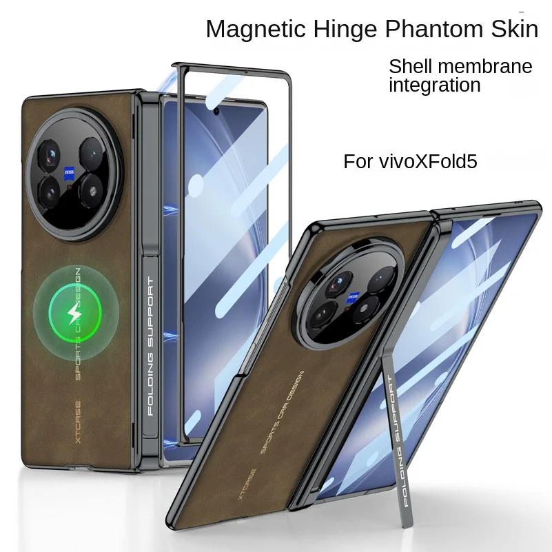 

Винтажный деловой чехол из кожи с гальванизированной золотом рамкой, шарнирным держателем, встроенным магнитным чехлом для телефона для VIVO X Fold 5, крышка для защиты камеры vivo X Fold5 коричневый