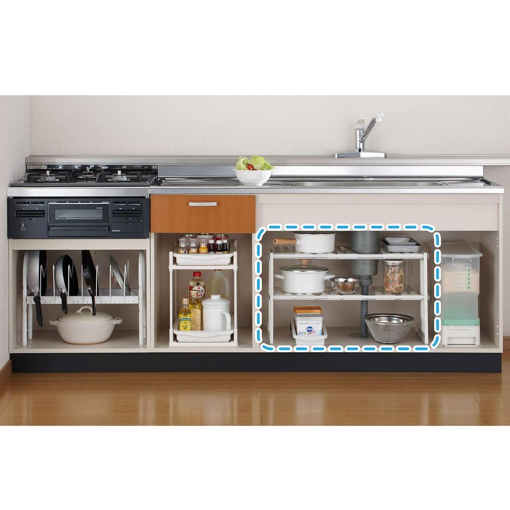 Belca Kitchen Made in Japan Storage Free Rack 2 Tiers Expandable Width x Depth x Height cm White Under-sink 50~75 30.3 39.9 MT2-EX