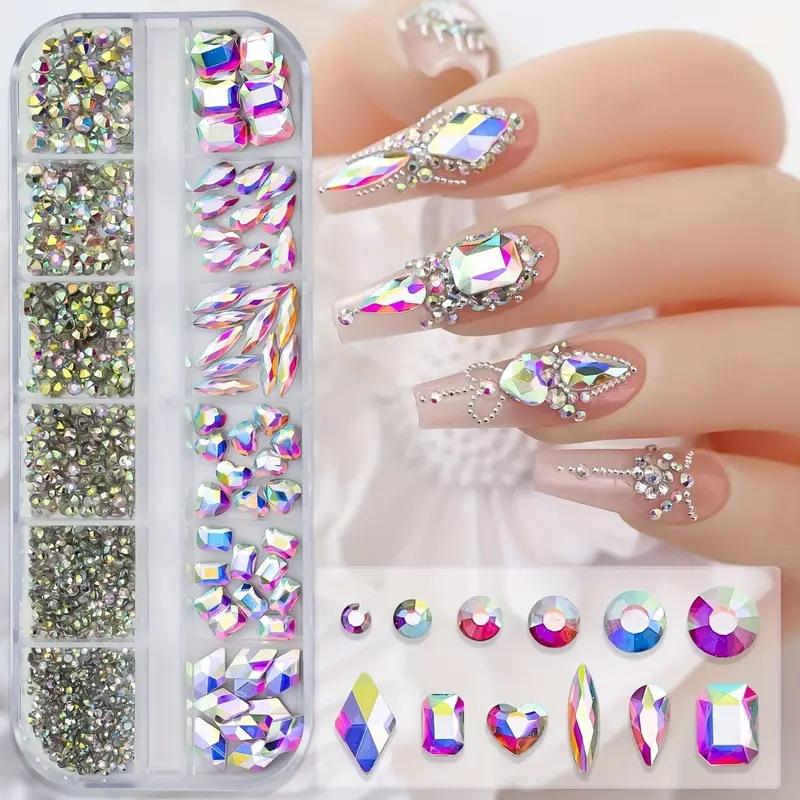 3D Nail Art Rhinestones 12-Grid Super-Shiny Flatback Rhinestones Decorative Nail Art Adhesive Multiple Shapes Diy Nail Designs