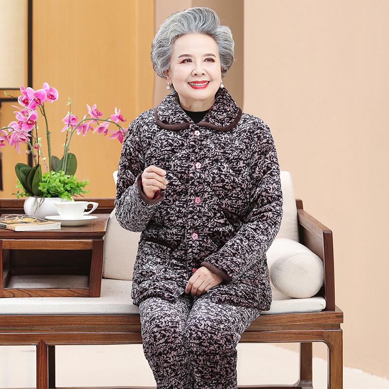 Pajamas three-layer thickened loungewear coral fleece clothes fleece clothes the elderly winter suit women