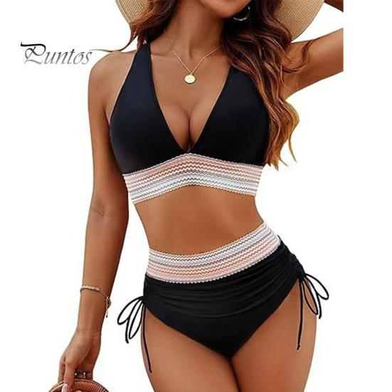 2Pcs/Set Women Bikini Set Sexy Deep V-Neck Swimming Bra High Waist Swimming Trunks Set Patchwork Color Swimsuit