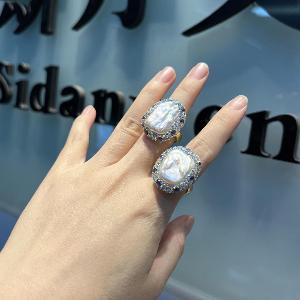 Handmade Irregular Freshwater Pearl & Raw Stone Ring - Elegant Baroque Design with Diamond Accents