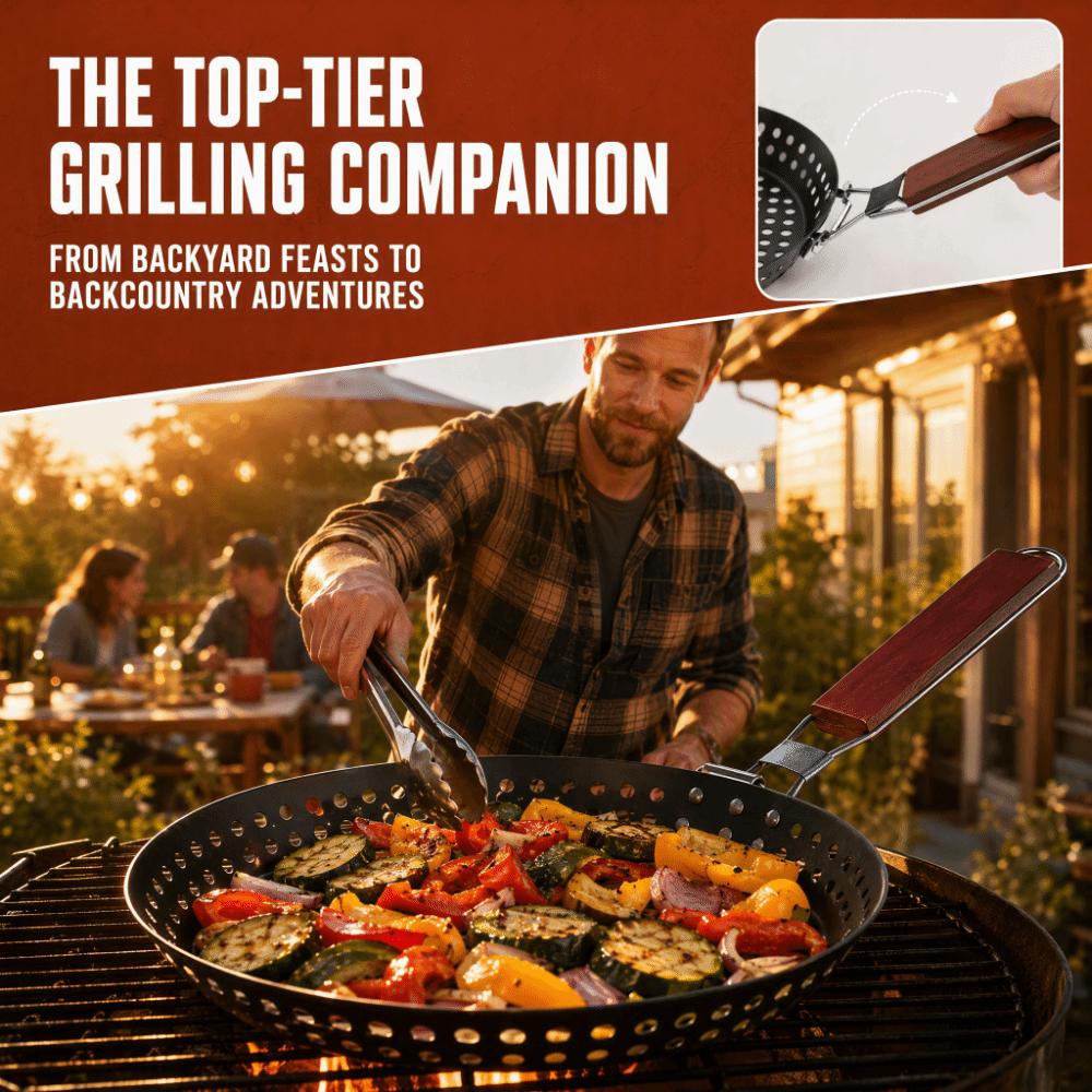 Wooden Handle BBQ Grilling Pan Folding Barbecue Plate Outdoor Grill Topper Kitchen Roasting