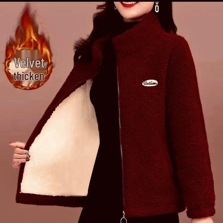 

Плюшевая утолщенная флисовая куртка для женщин среднего и пожилого возраста - Шерсть ягненка, Свободный крой, Воротник-стойка, Однотонная, Повседневный короткий свитшот 3XL (115-130 jin)