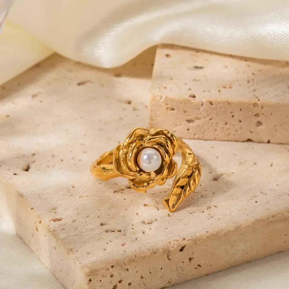 eManco Delicate Fashion Camellia Women's Open Ring Pearl Stamen  New Trend Leaf Texture Fashion Finger Jewelry