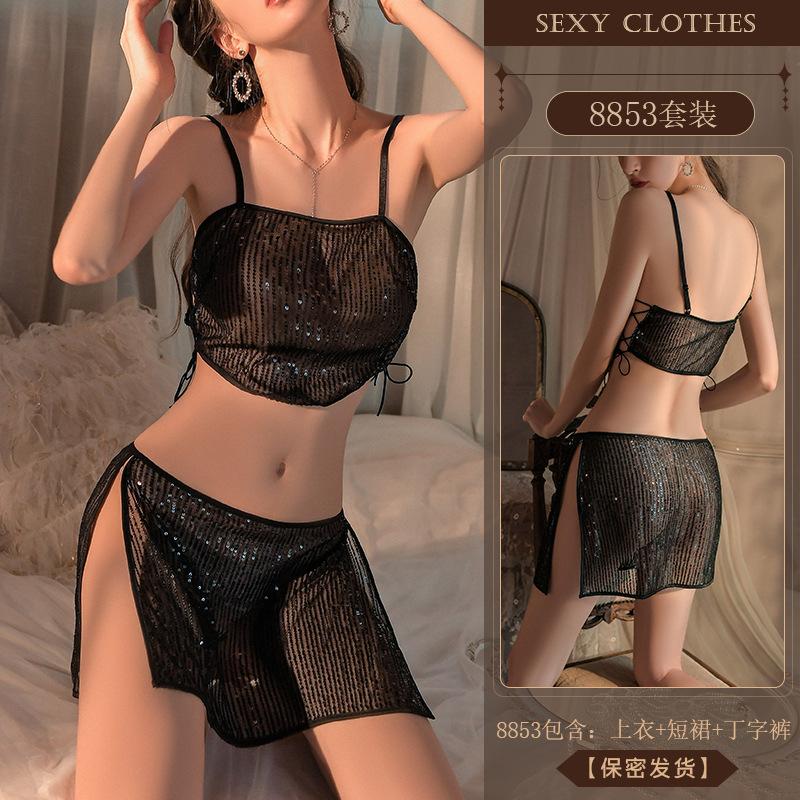 Erotic Underwear, Sexy Sequined Mesh Belly Band, slit Short Skirt, Pure Desire Uniform, Seductive Pajamas Set 8853