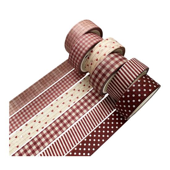 Office Desk Organization Tape 6 Rolls Plaid Washi Set, Grid Checkered Pattern Masking Tape, Self Literary Art Style Adhesive Decorative for