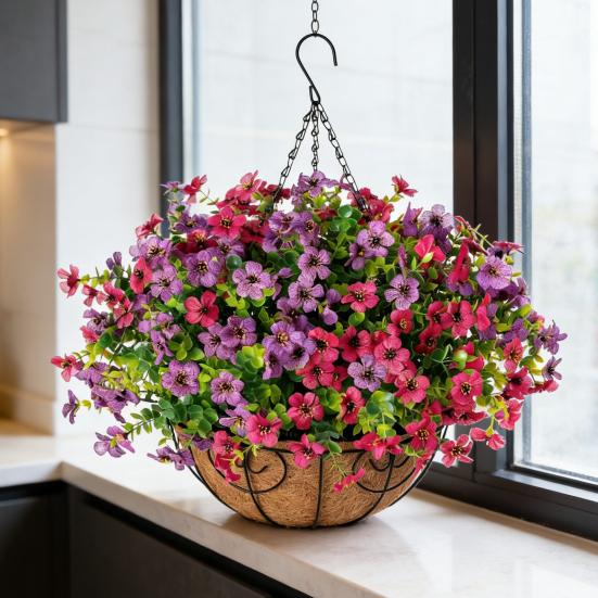 Künstliche Blumen Hängekorb Kunstblumen mit Eukalyptusblättern Hängepflanzer Enthält Blumen für Frühling Sommer Veranda Garten Terrasse