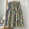 Qooth Summer Floral Skirt Calf Length Stitching Jacquard A Line Skirt Pleated Skirts QT1676