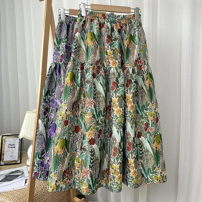 Qooth Summer Floral Skirt Calf Length Stitching Jacquard A Line Skirt Pleated Skirts QT1676