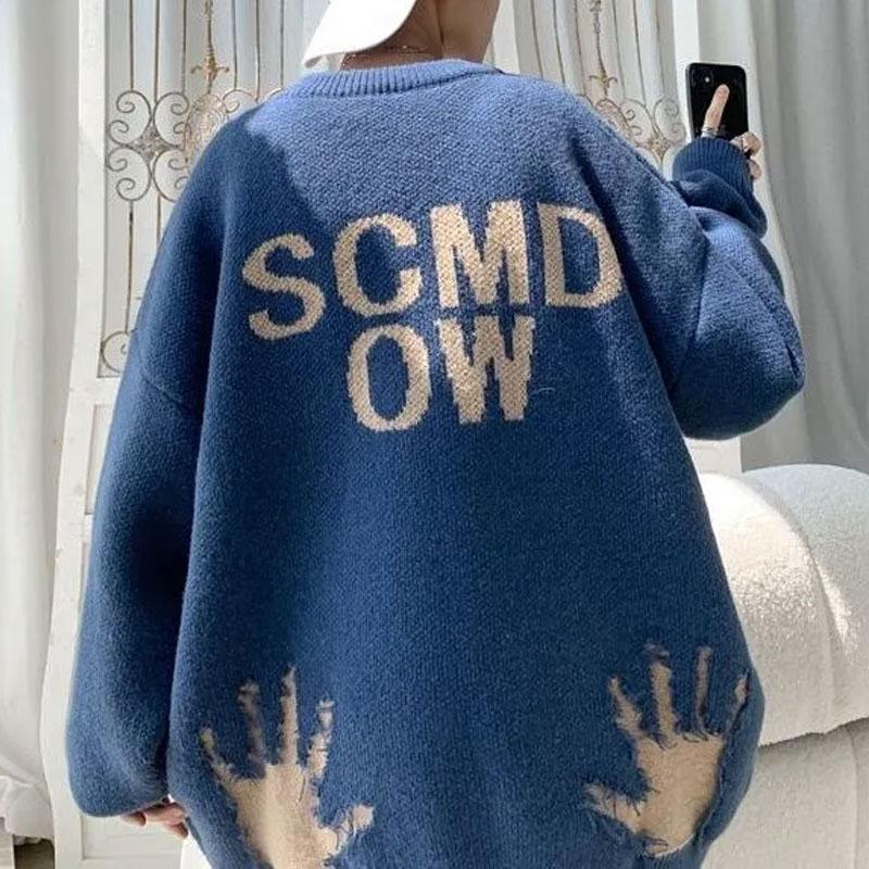 Fashion Hole Letter Knitted Pullovers Autumn Winter New American Loose O-Neck Men's Casual Long Sleeve Vintage Sweaters