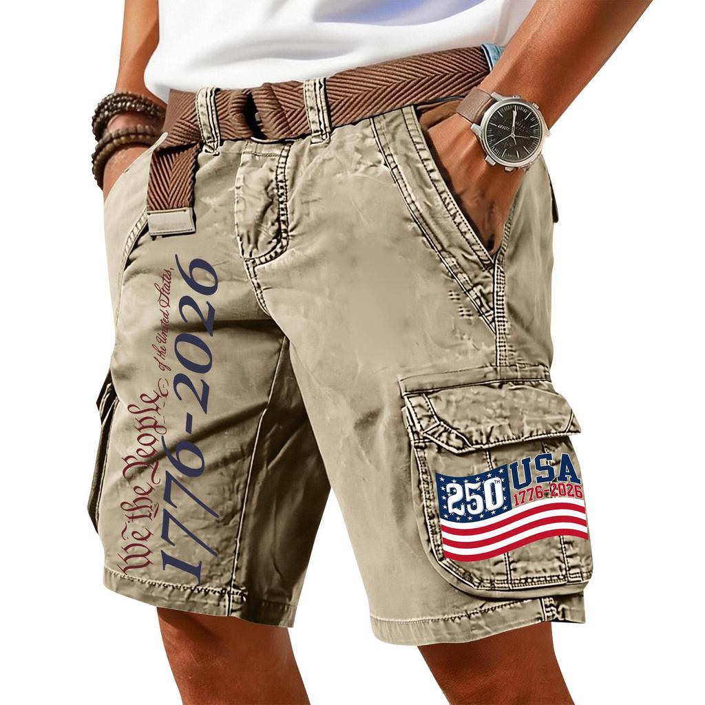 Men Cargo Shorts with Belt Cotton Fabric Multiple Pockets USA Flag Print Casual Loose Fit Outdoor