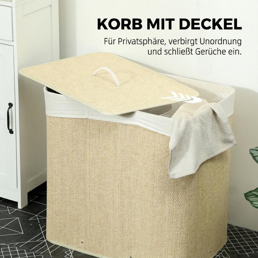 3 Section Laundry Basket with Lid, 144L Bamboo Laundry Hamper with Handles, Removable and Washable Liner, Cream White